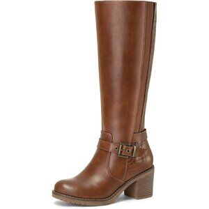 Brown Women's Knee High Boots Chunky Block Heels Side Zipper Stretchy Elastic